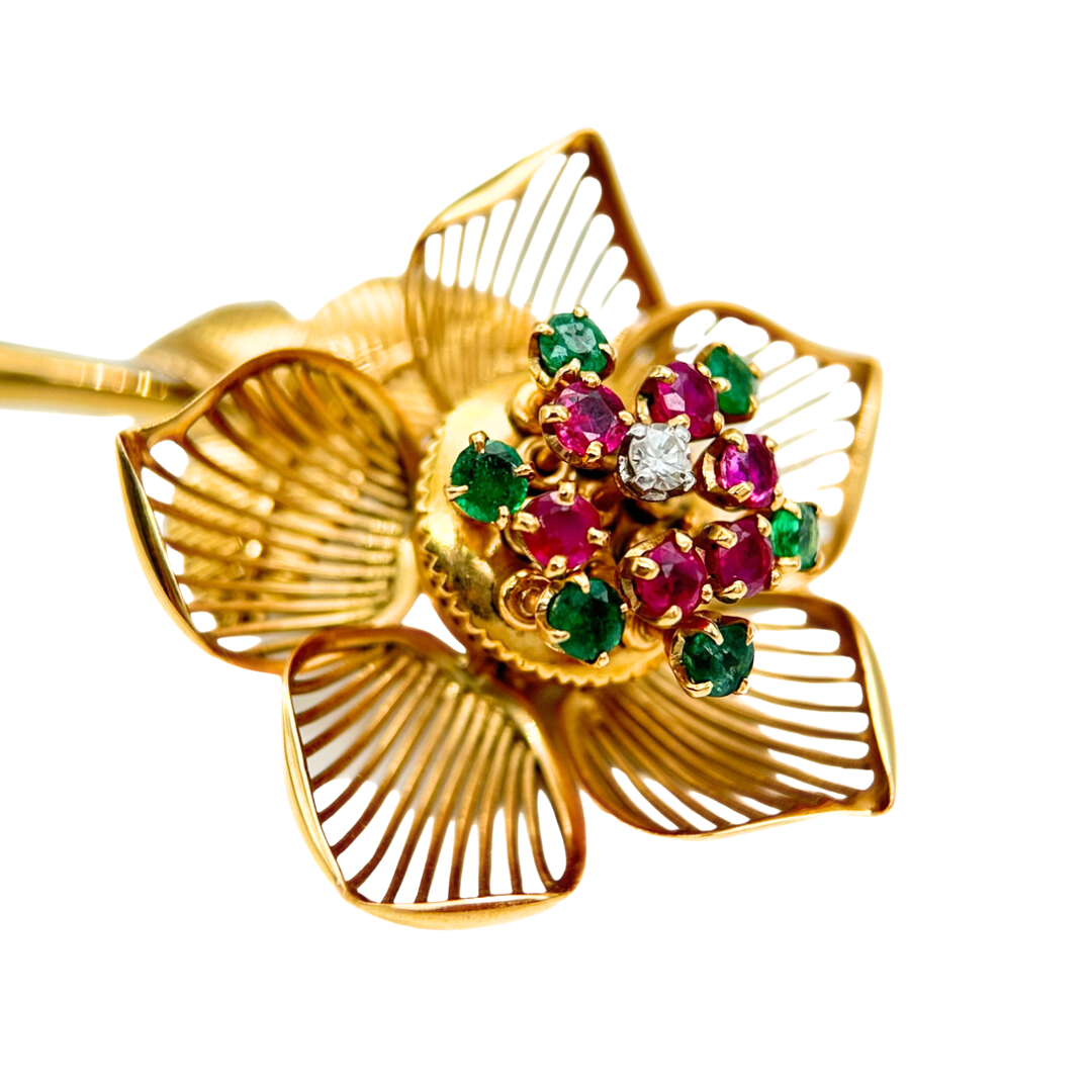 Emerald, Diamond and Ruby Flower Brooch by J. Lefevre