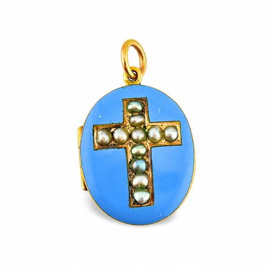 Victorian Enamel And Pearl Cross Locket Pendant