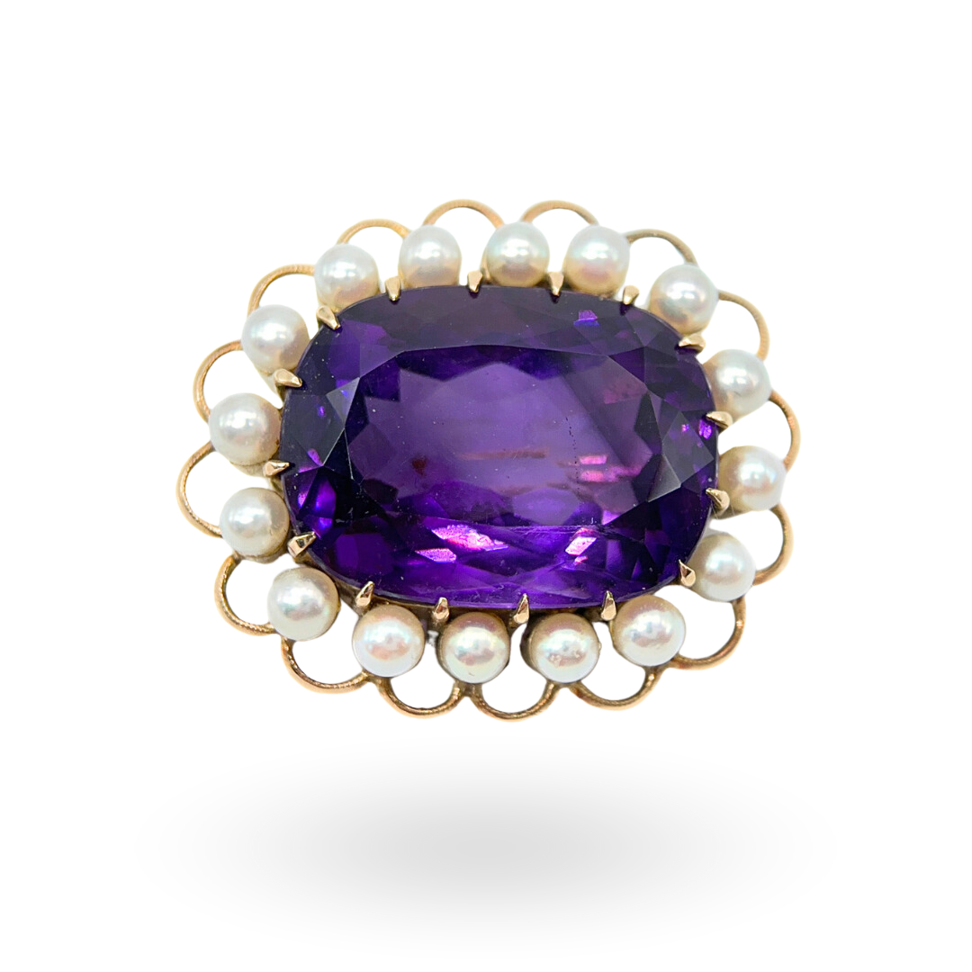 Large Amethyst & Pearl Brooch (9ct Gold)