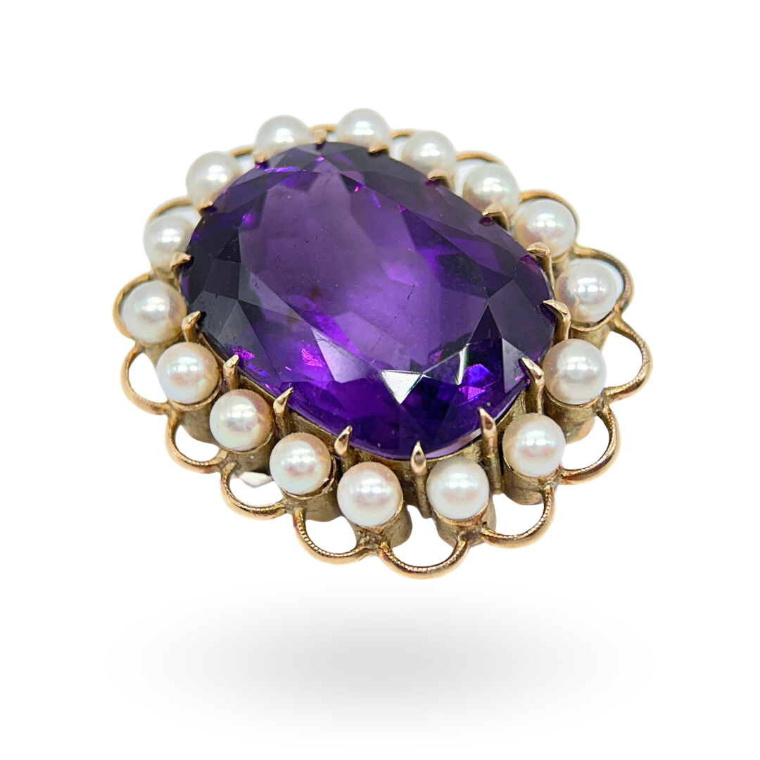 Large Amethyst & Pearl Brooch (9ct Gold)